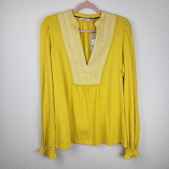 NWT Boden Notch Neck Embroidered Long Sleeve Cotton Top Yellow 12 - Picture 2 of 9